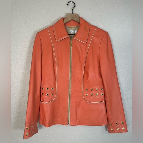 St John Sport by Marie Gray Orange Tangerine Leather Full Zip Jacket Medium - Picture 2 of 16